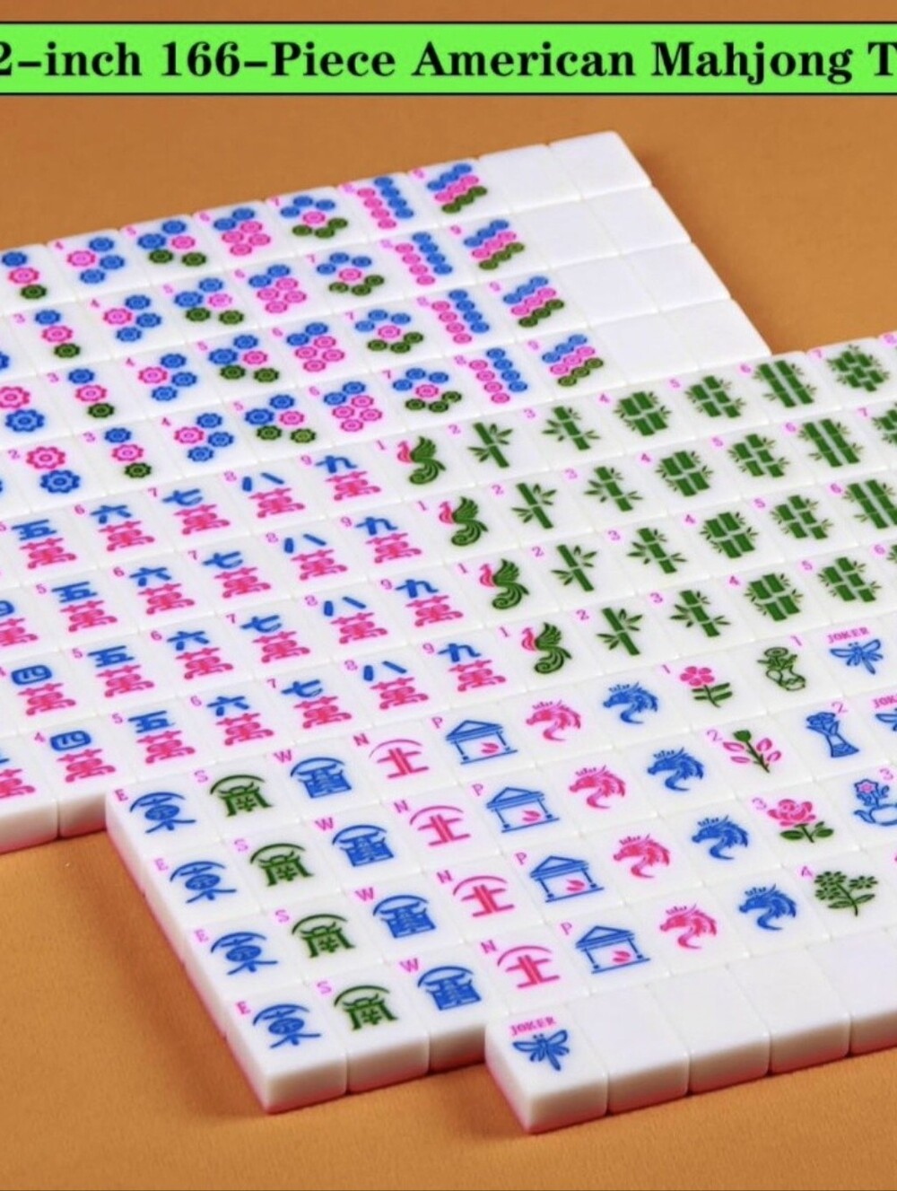 166 White Mahjong Tile Set with Pink, Blue & Green Symbols